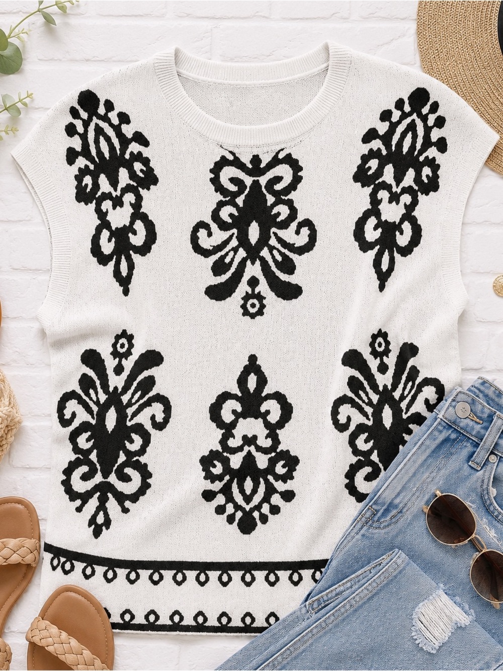 Dokotoo Women's White & Black Patterned Short Sleeve Sweater Top Large
